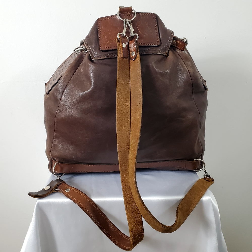 Vintage 90s RUGBY North America Pebbled Leather Drawstring Backpack Brown - Picture 2 of 13